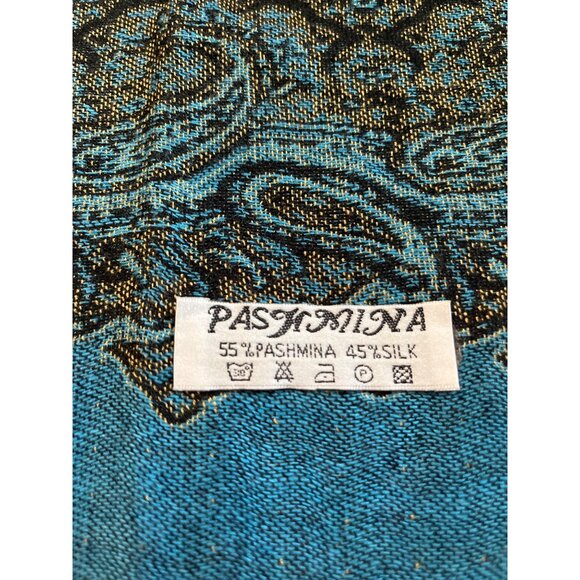 Pashmina blue black paisley Pashmina Silk blanket scarf with fringe - Picture 3 of 5